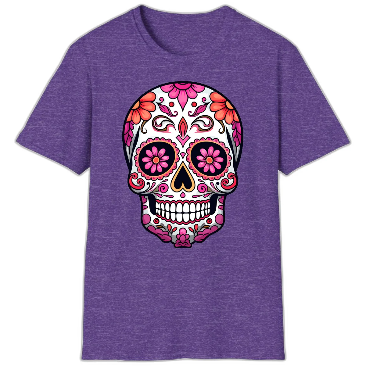 Ornate Floral Calavera Sugar Skull T-Shirt in Heather Purple