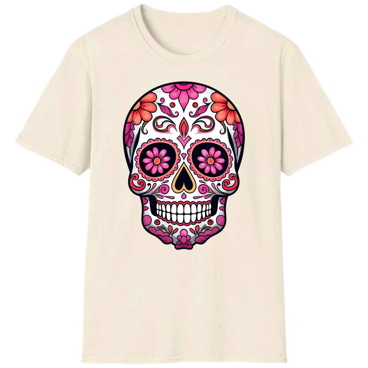 Ornate Floral Calavera Sugar Skull T-Shirt in Natural