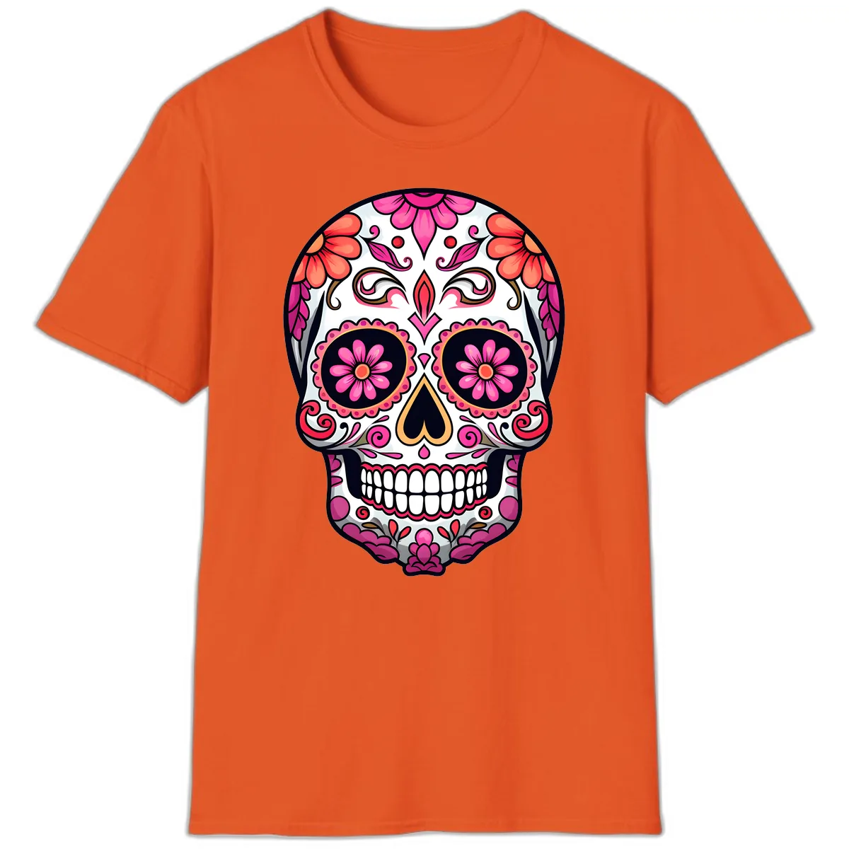 Ornate Floral Calavera Sugar Skull T-Shirt in Orange
