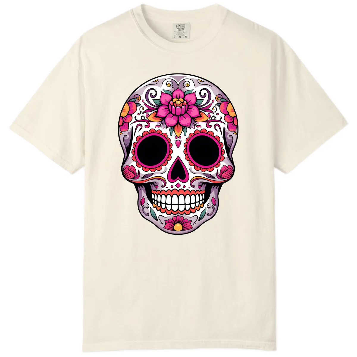 Intricate Floral Calavera Sugar Skull Design Comfort Color in Ivory