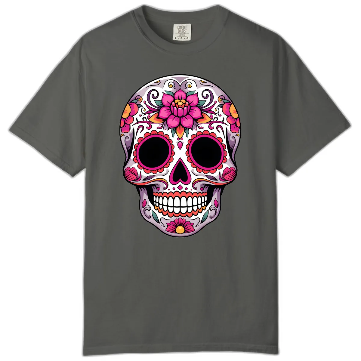 Intricate Floral Calavera Sugar Skull Design Comfort Color in Pepper