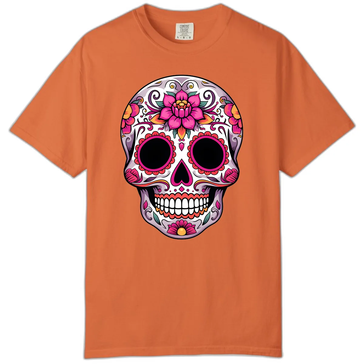 Intricate Floral Calavera Sugar Skull Design Comfort Color in Burnt Orange