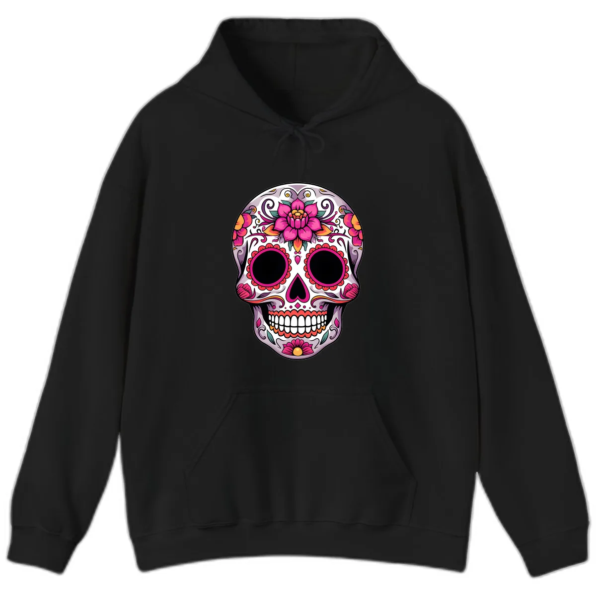 Intricate Floral Calavera Sugar Skull Design Hoodie in Black