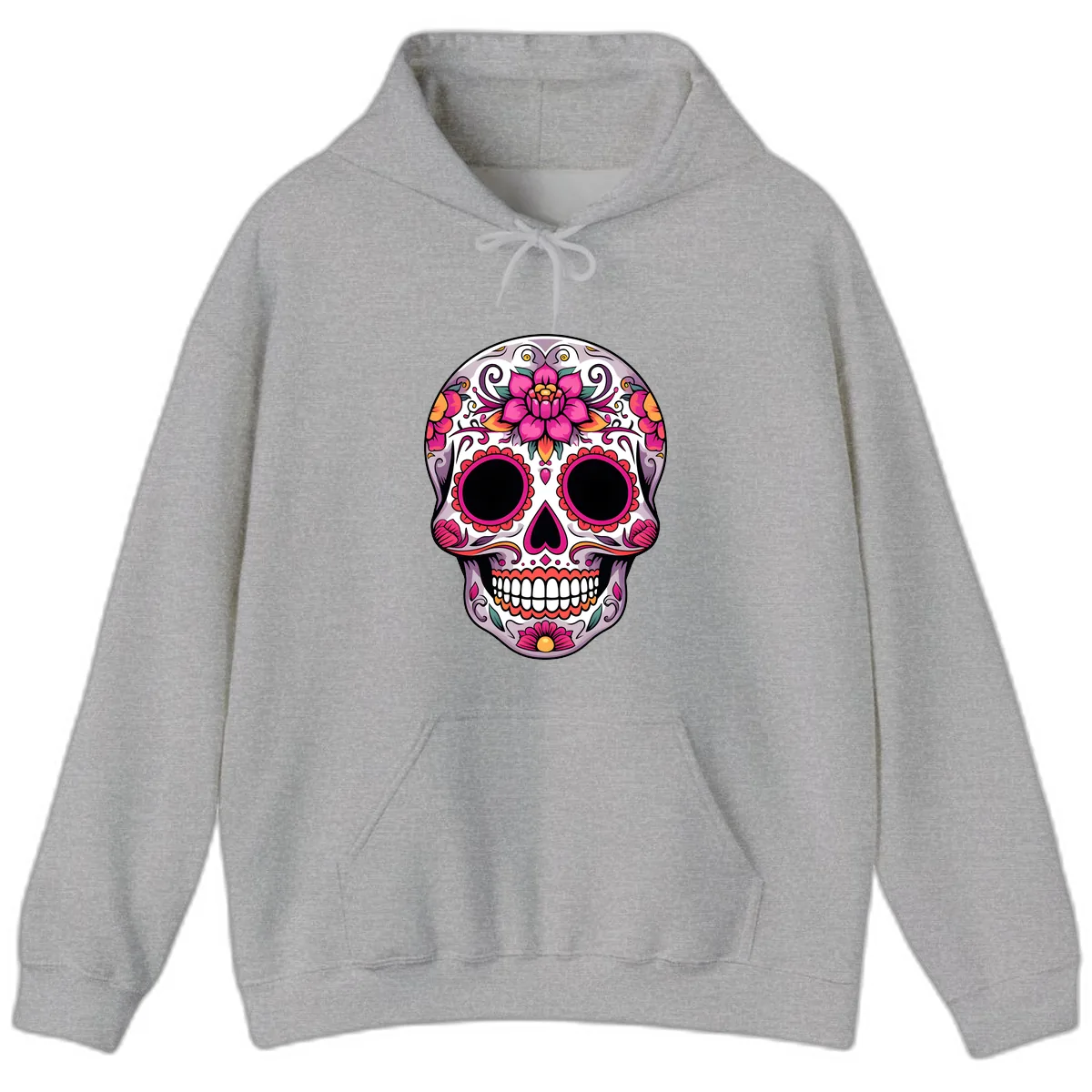 Intricate Floral Calavera Sugar Skull Design Hoodie in Sport Grey