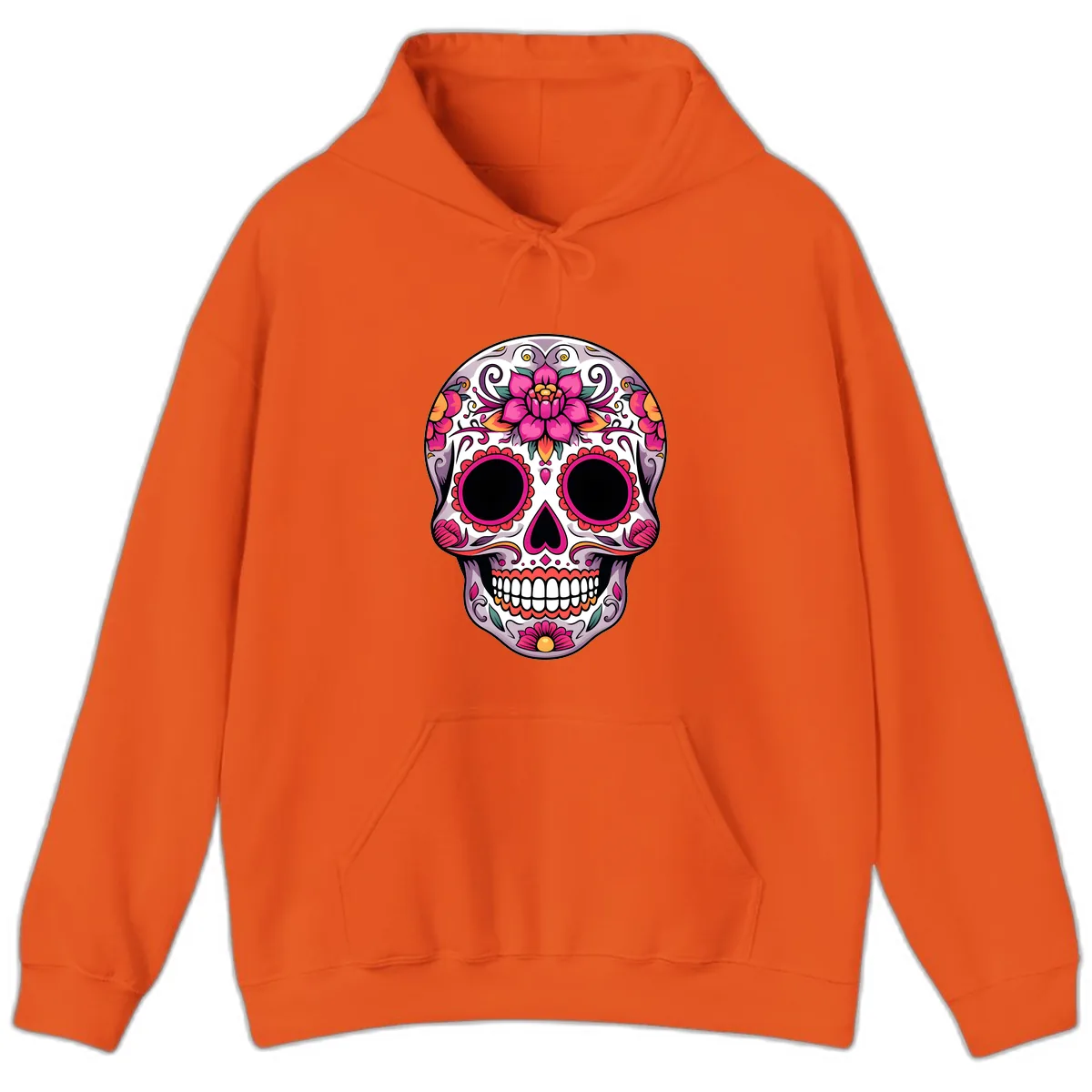 Intricate Floral Calavera Sugar Skull Design Hoodie in Orange