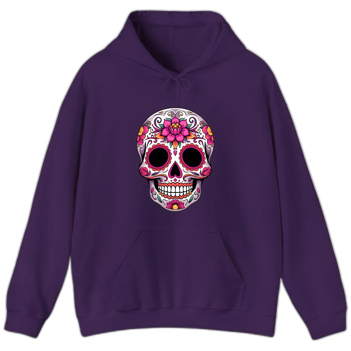 Intricate Floral Calavera Sugar Skull Design Hoodie in Purple