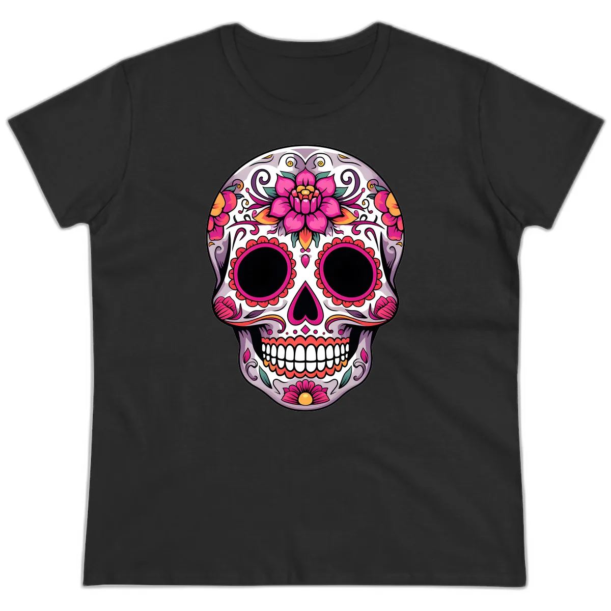 Intricate Floral Calavera Sugar Skull Design Ladies Tee in Black