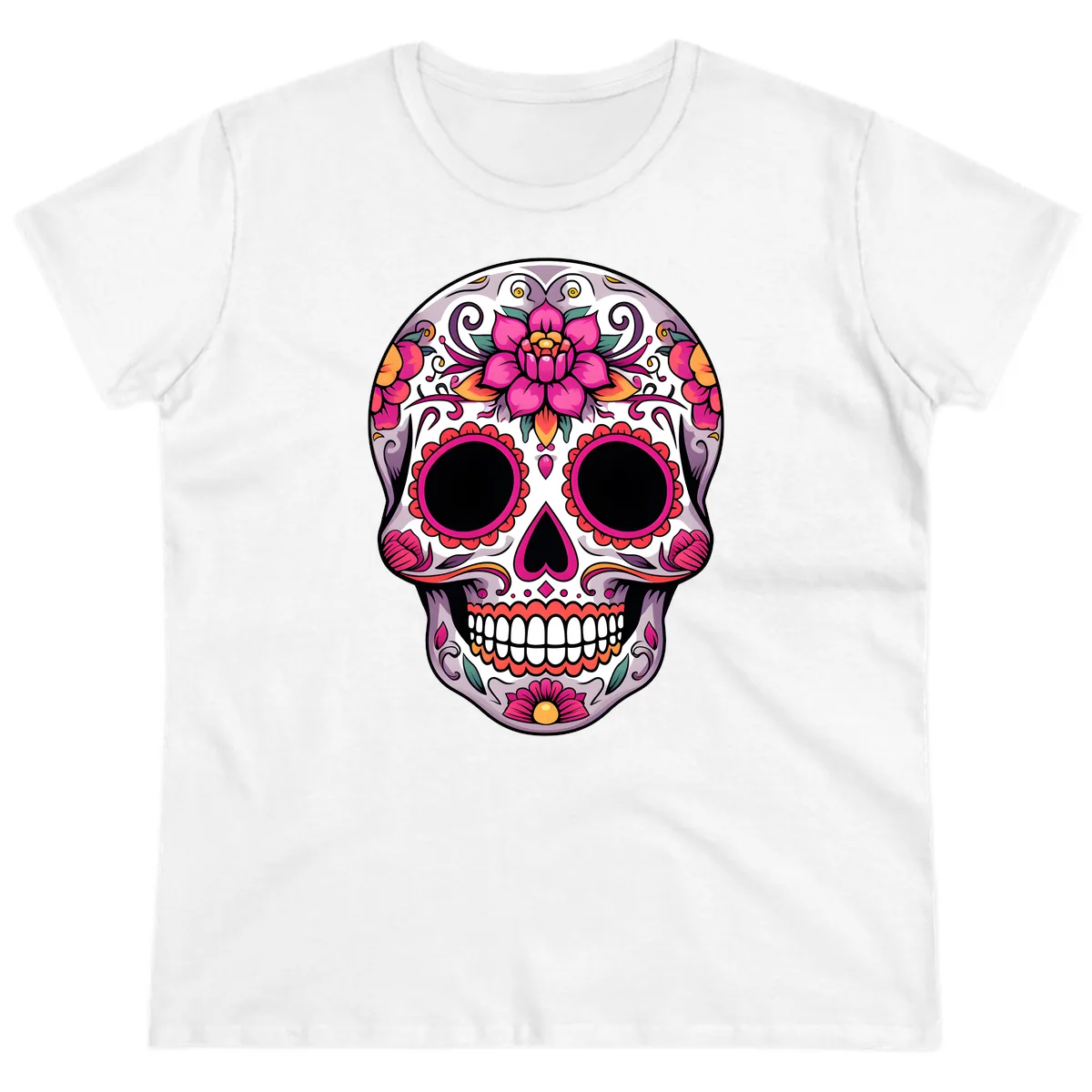 Intricate Floral Calavera Sugar Skull Design Ladies Tee in White