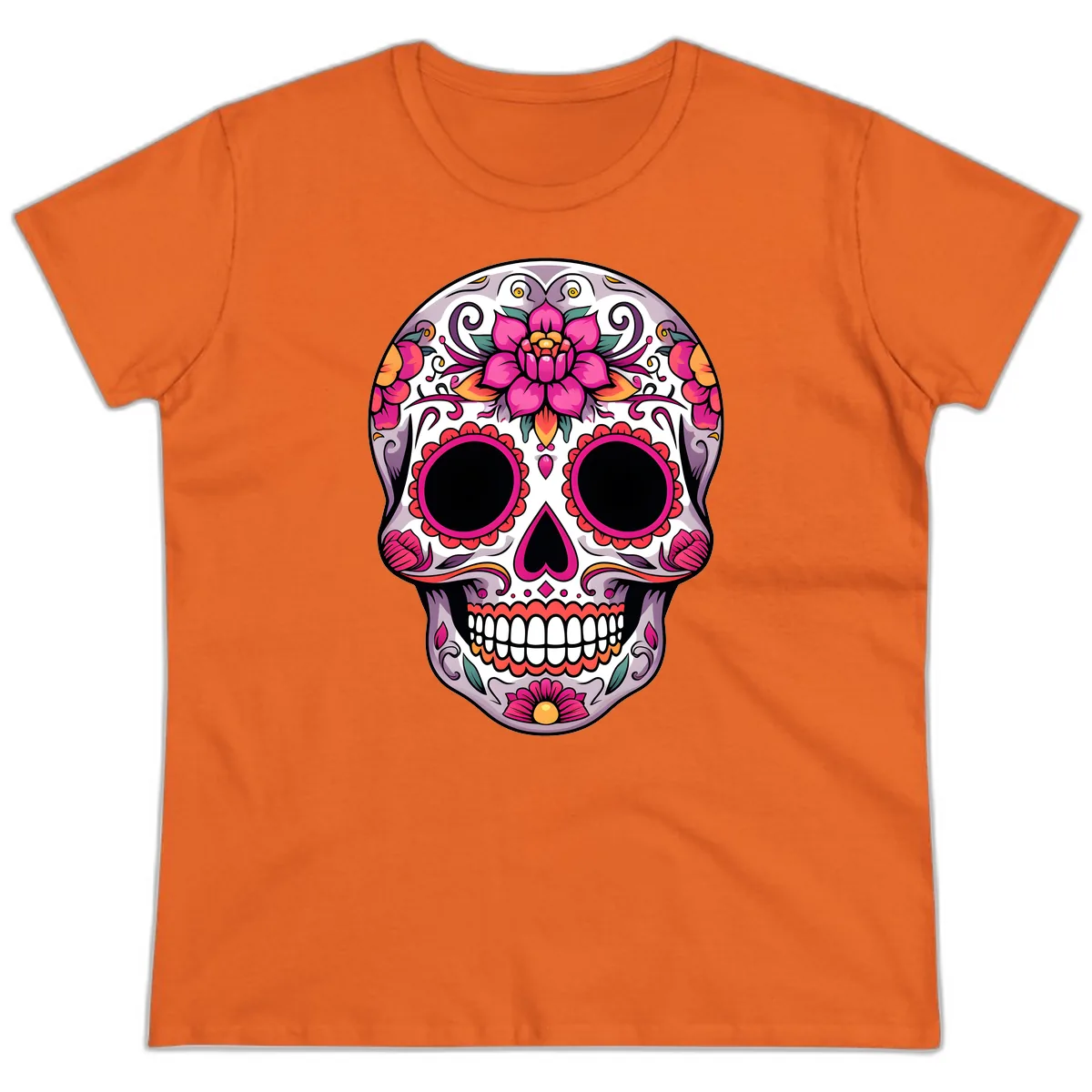 Intricate Floral Calavera Sugar Skull Design Ladies Tee in Orange