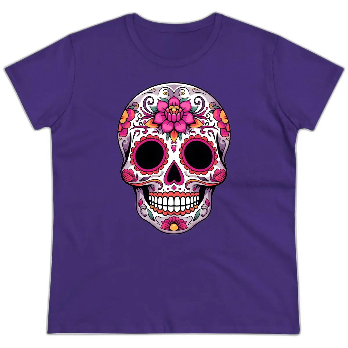 Intricate Floral Calavera Sugar Skull Design Ladies Tee in Purple
