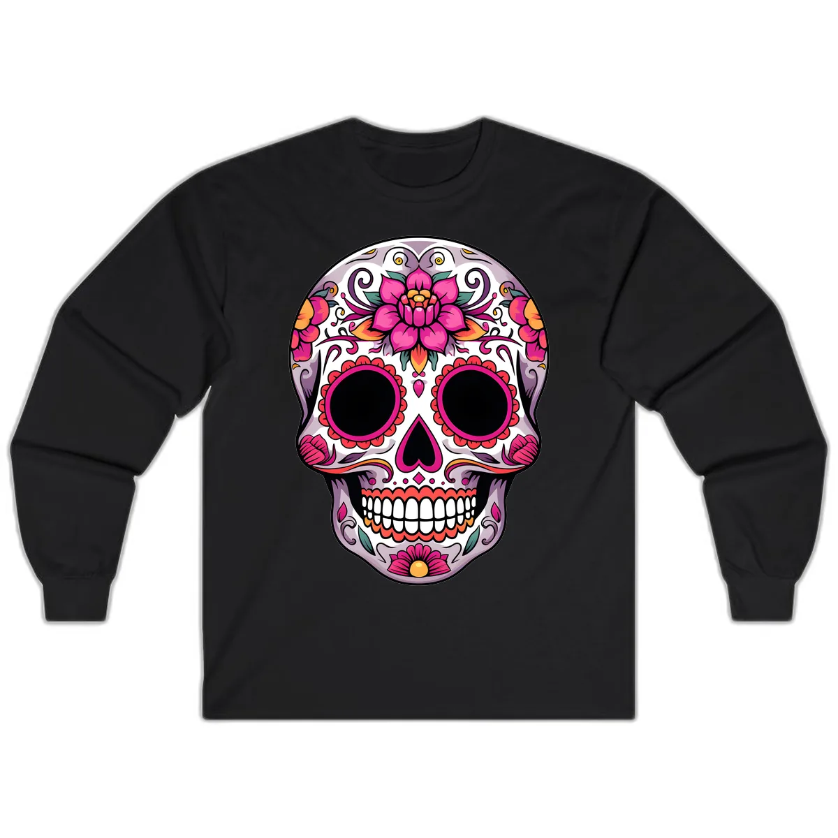Intricate Floral Calavera Sugar Skull Design Long Sleeve in Black