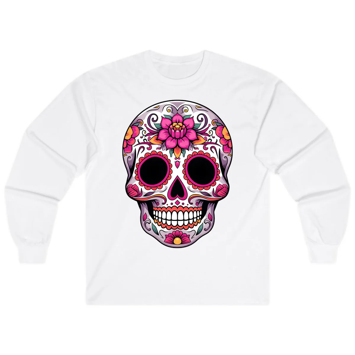 Intricate Floral Calavera Sugar Skull Design Long Sleeve in White