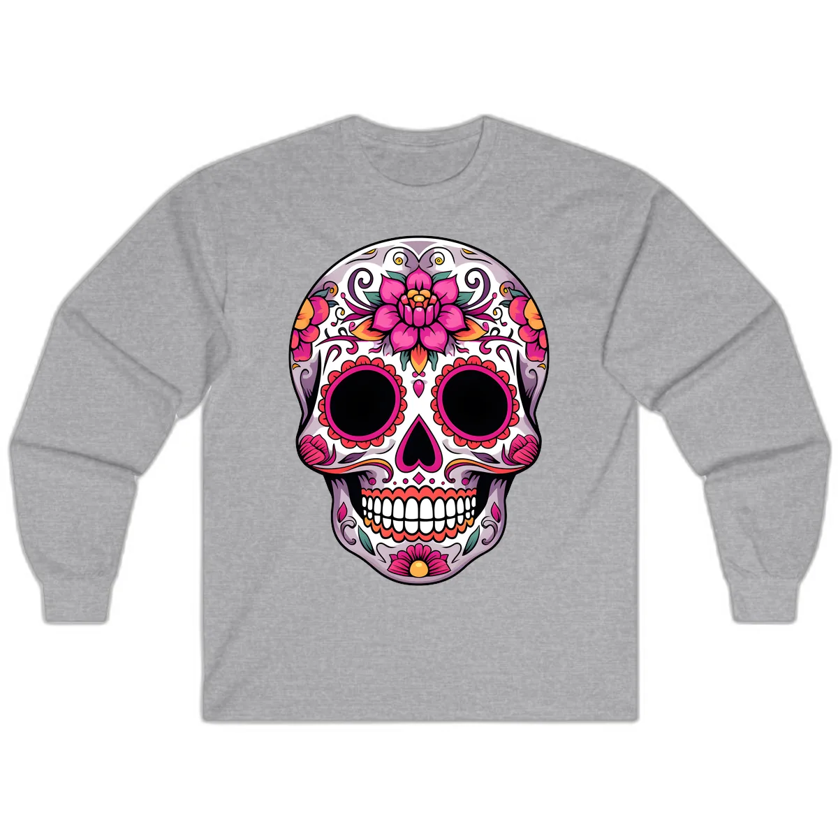 Intricate Floral Calavera Sugar Skull Design Long Sleeve in Sport Grey