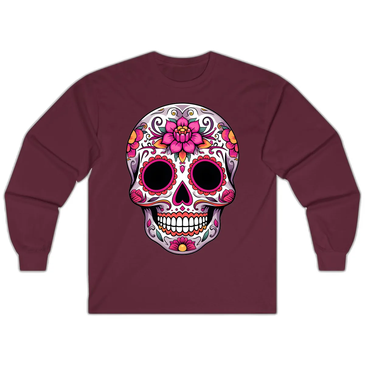 Intricate Floral Calavera Sugar Skull Design Long Sleeve in Maroon