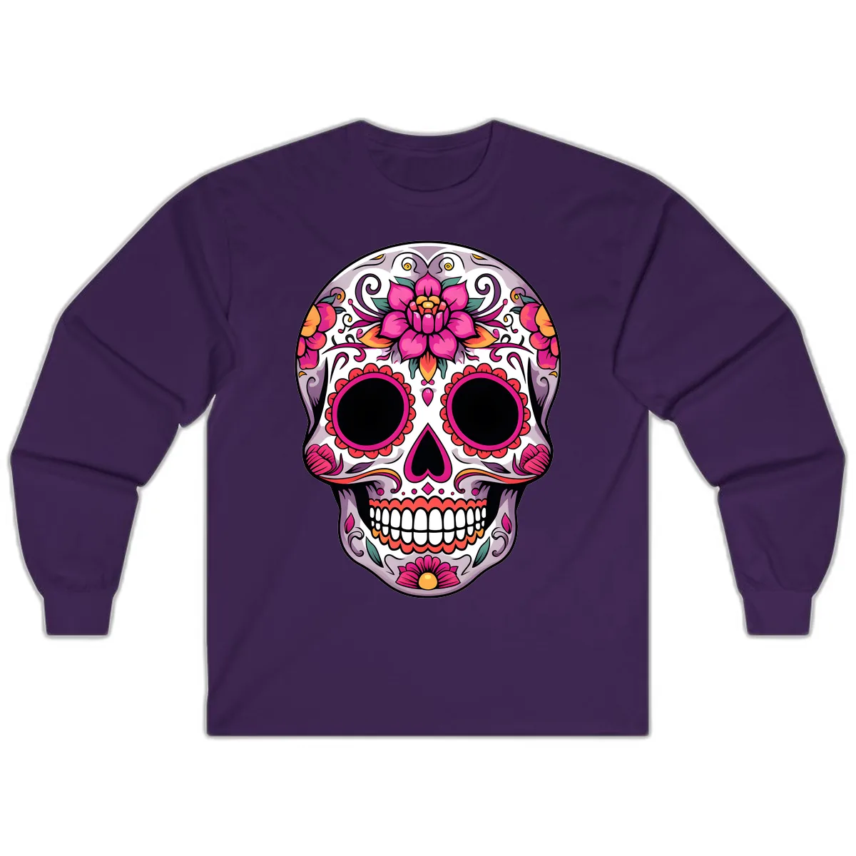 Intricate Floral Calavera Sugar Skull Design Long Sleeve in Purple