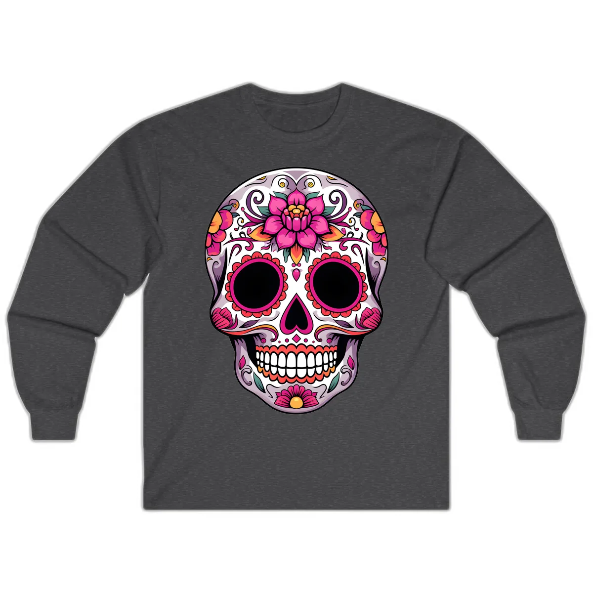 Intricate Floral Calavera Sugar Skull Design Long Sleeve in Dark Heather