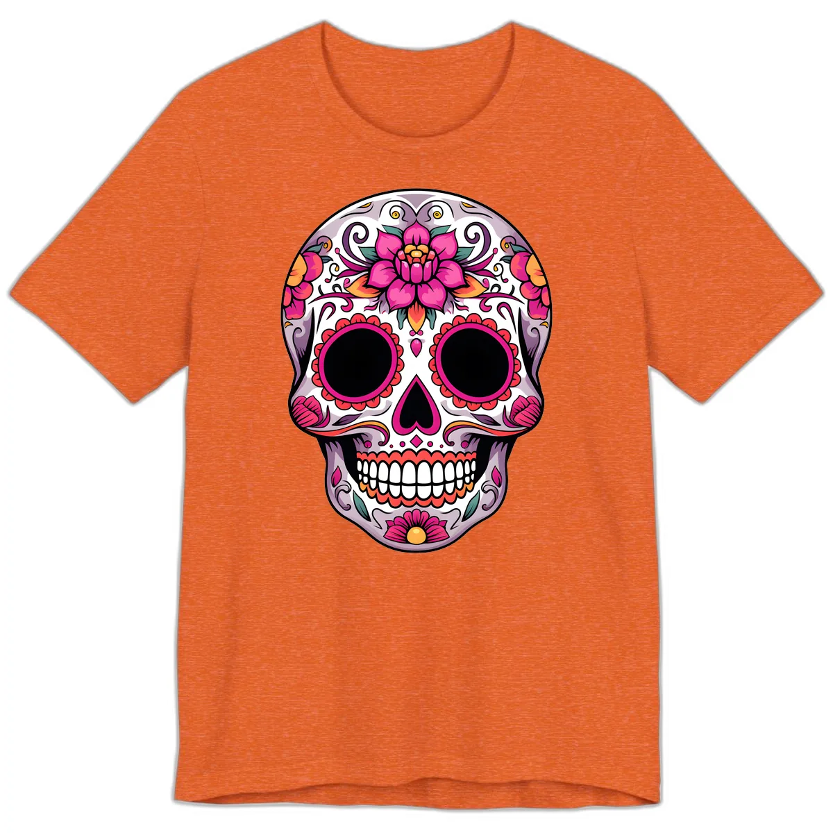 Intricate Floral Calavera Sugar Skull Design Premium T-Shirt in Heather Orange
