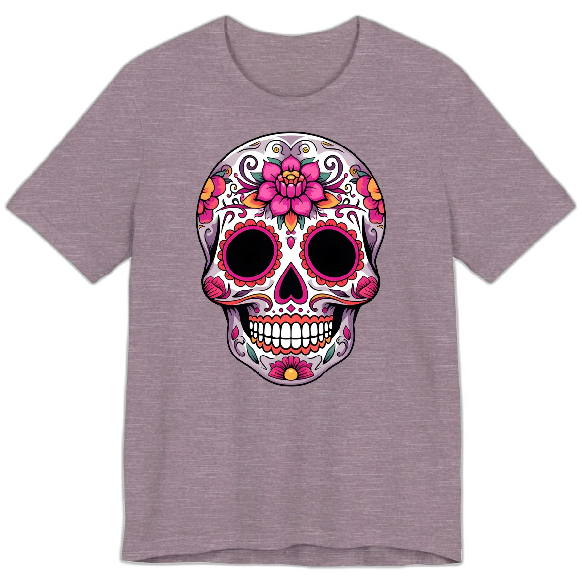 Intricate Floral Calavera Sugar Skull Design Premium T-Shirt in Heather Purple