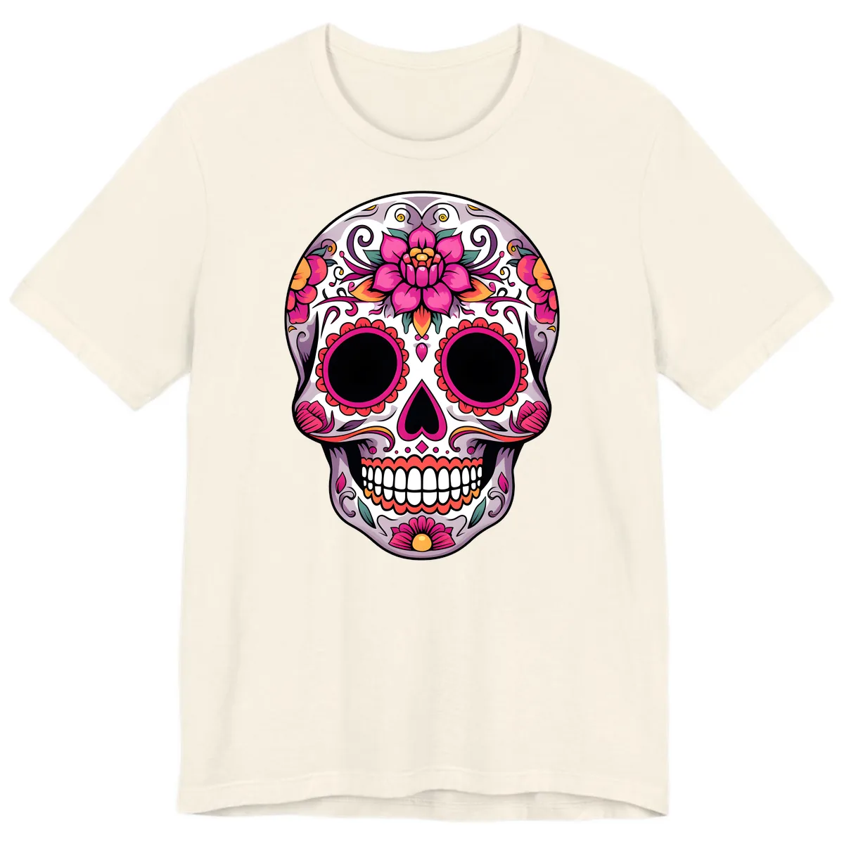 Intricate Floral Calavera Sugar Skull Design Premium T-Shirt in Natural