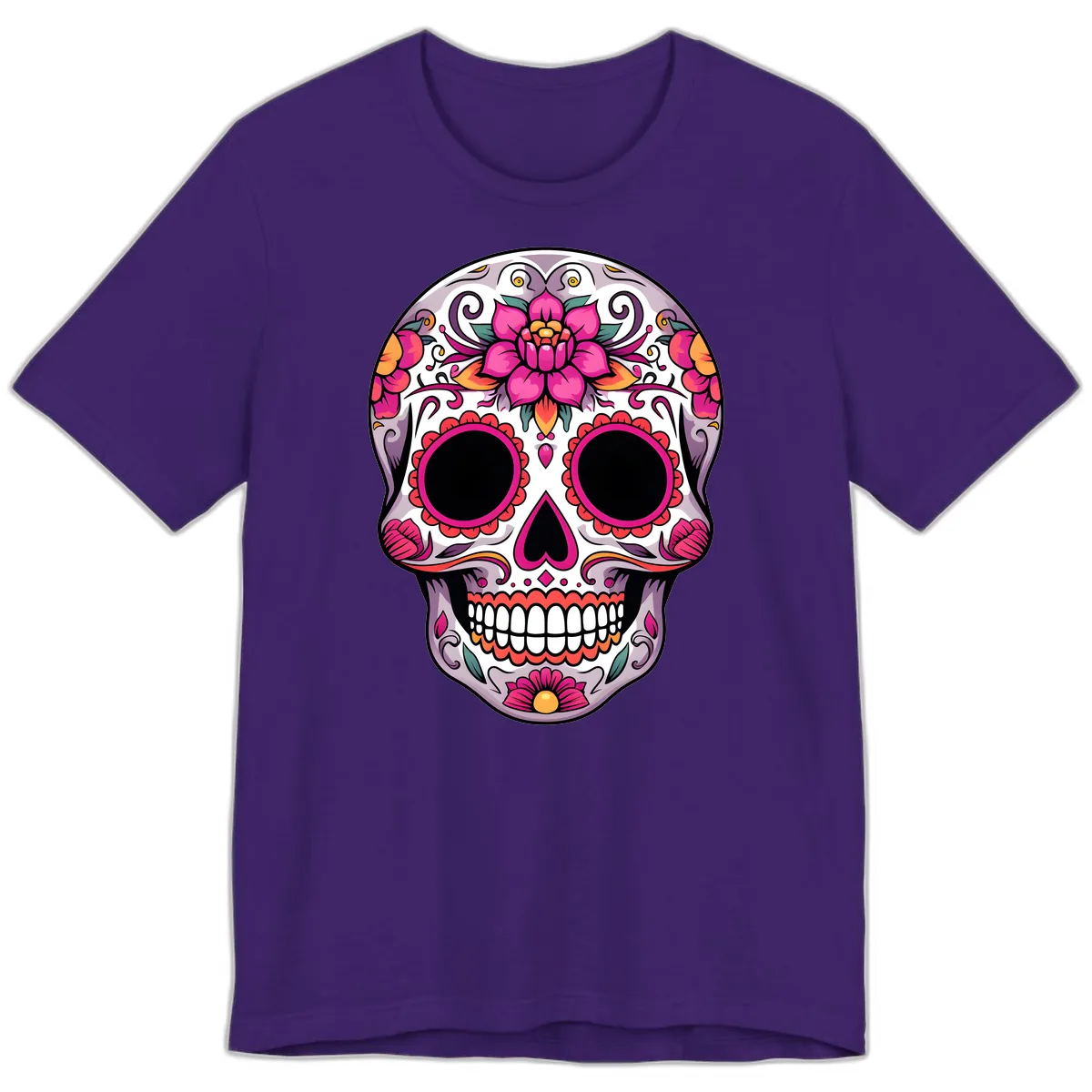Intricate Floral Calavera Sugar Skull Design Premium T-Shirt in Team Purple