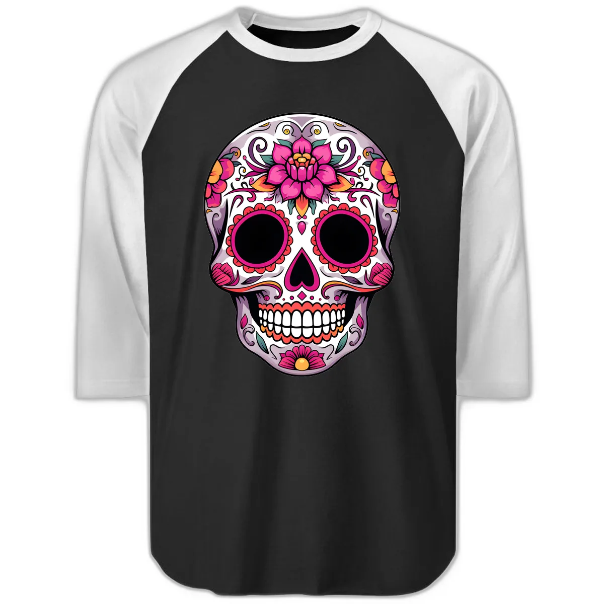 Intricate Floral Calavera Sugar Skull Design Raglan 3/4 in Black White