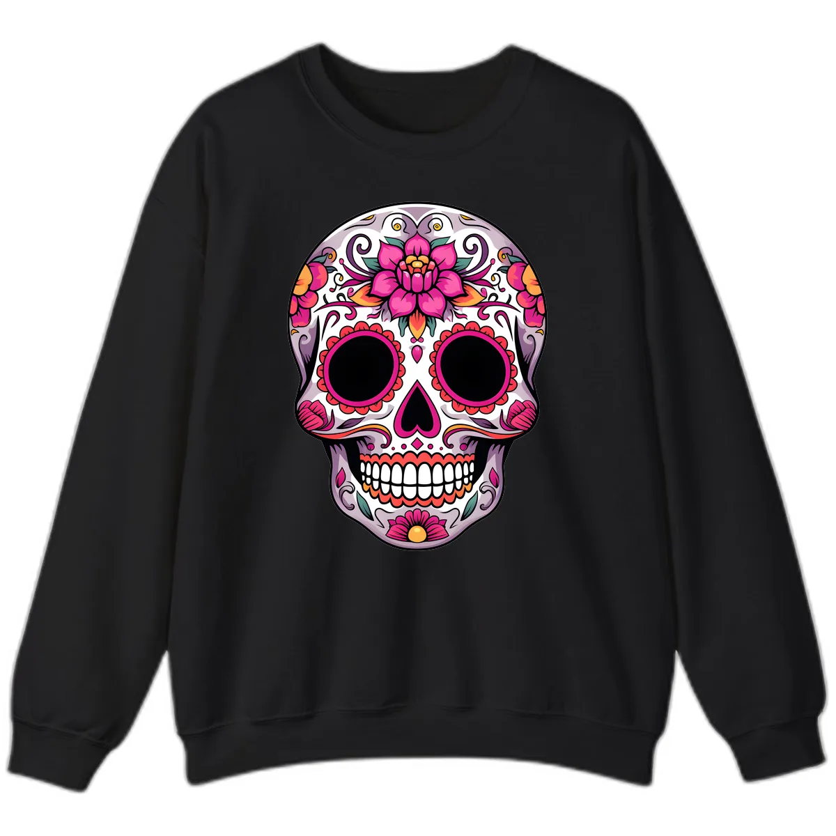 Intricate Floral Calavera Sugar Skull Design Sweatshirt in Black