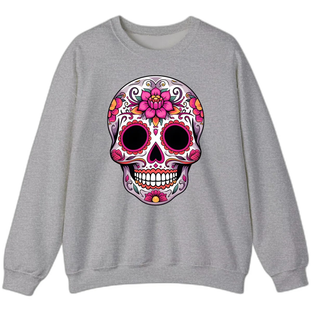 Intricate Floral Calavera Sugar Skull Design Sweatshirt in Sport Grey