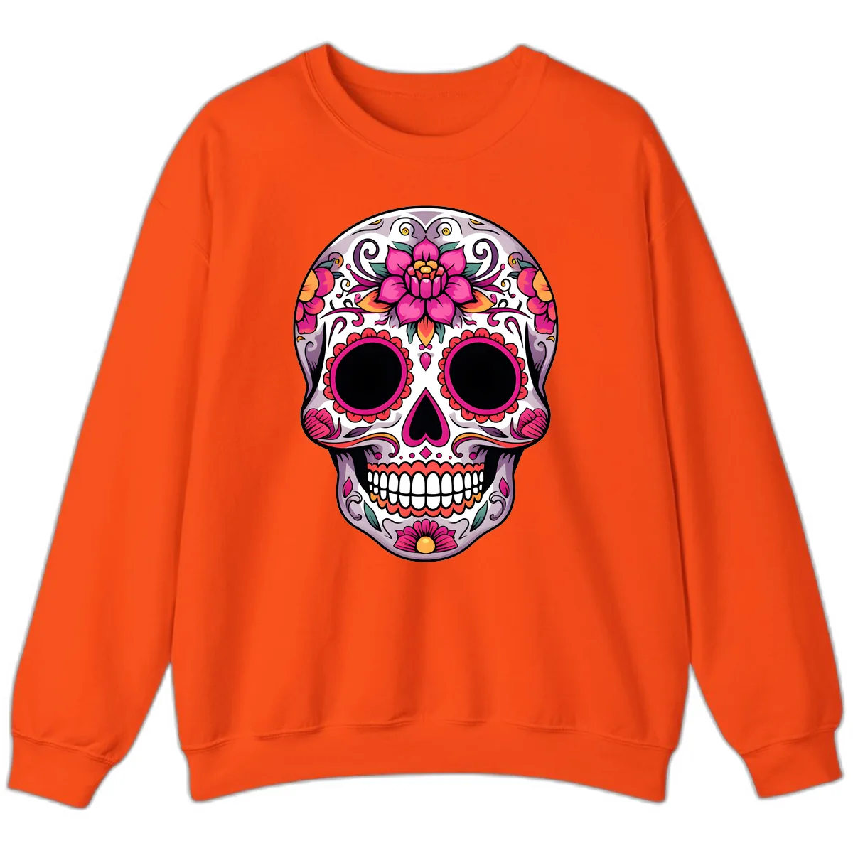 Intricate Floral Calavera Sugar Skull Design Sweatshirt in Orange