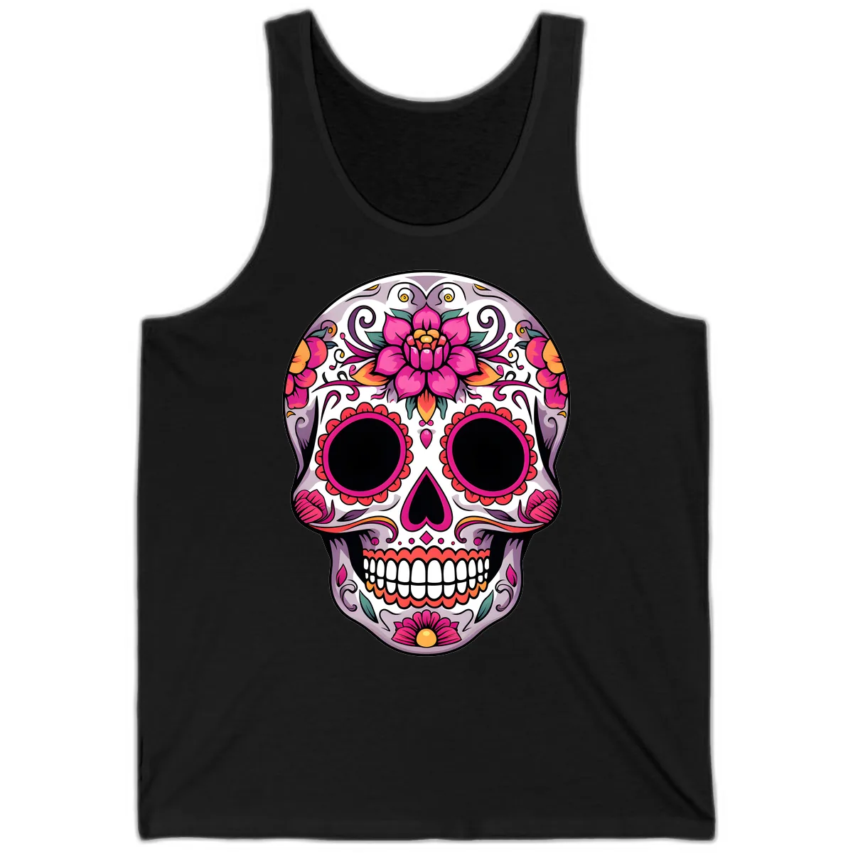 Intricate Floral Calavera Sugar Skull Design Tank in Black