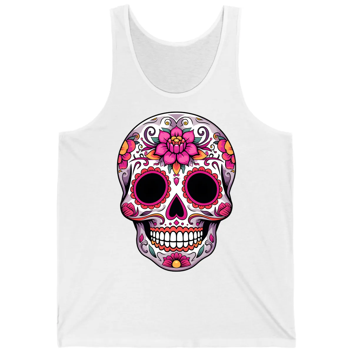 Intricate Floral Calavera Sugar Skull Design Tank in White
