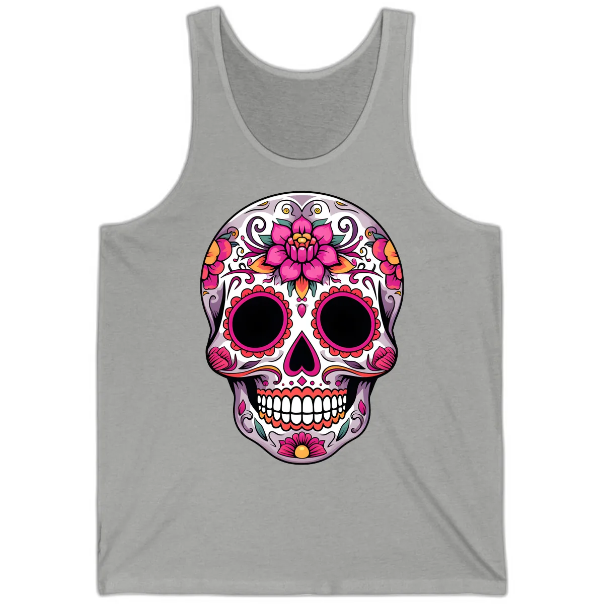 Intricate Floral Calavera Sugar Skull Design Tank in Athletic Heather