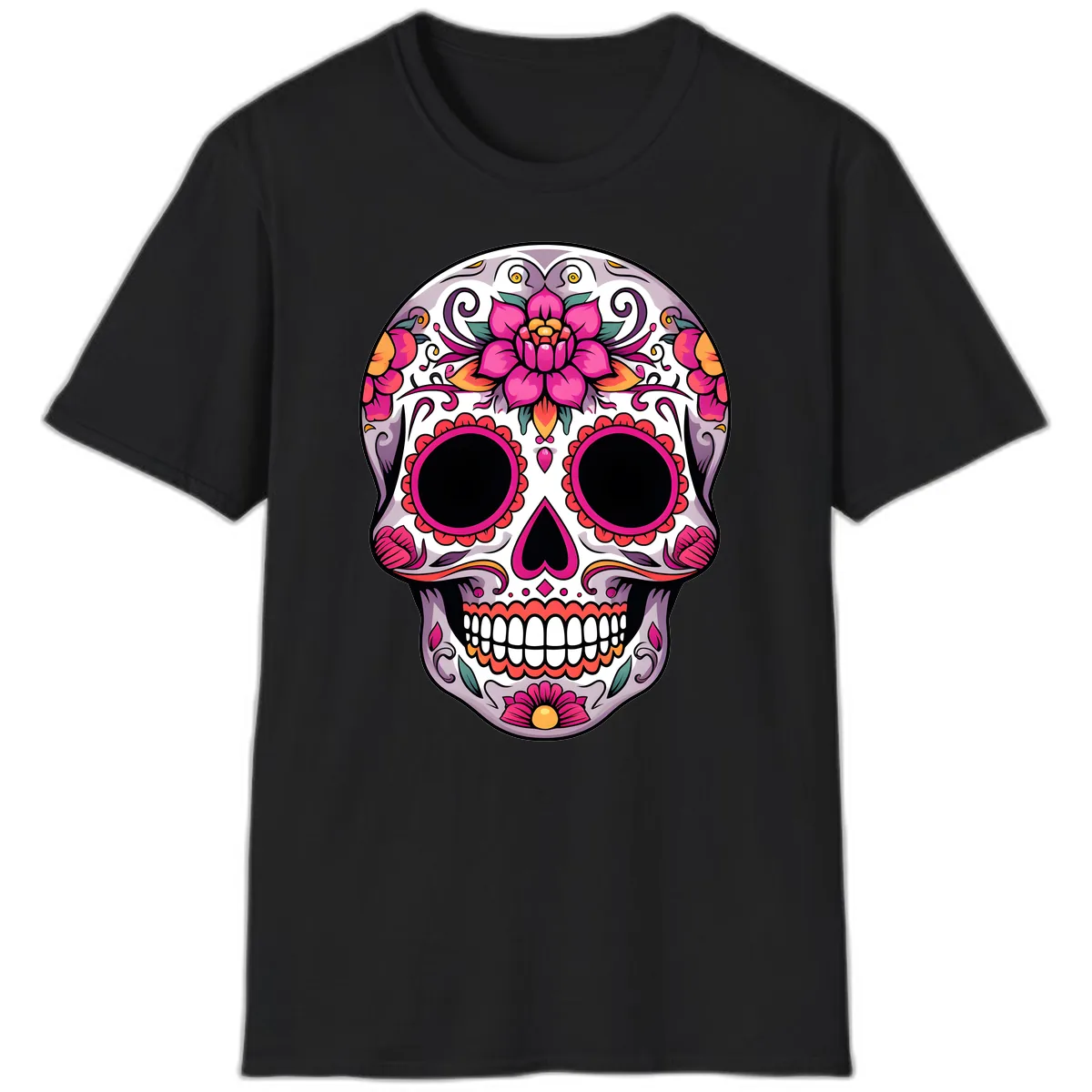 Intricate Floral Calavera Sugar Skull Design T-Shirt in Black