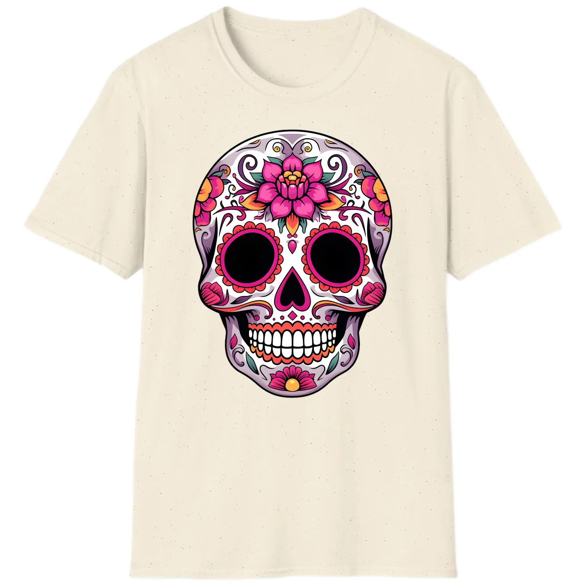 Intricate Floral Calavera Sugar Skull Design T-Shirt in Natural