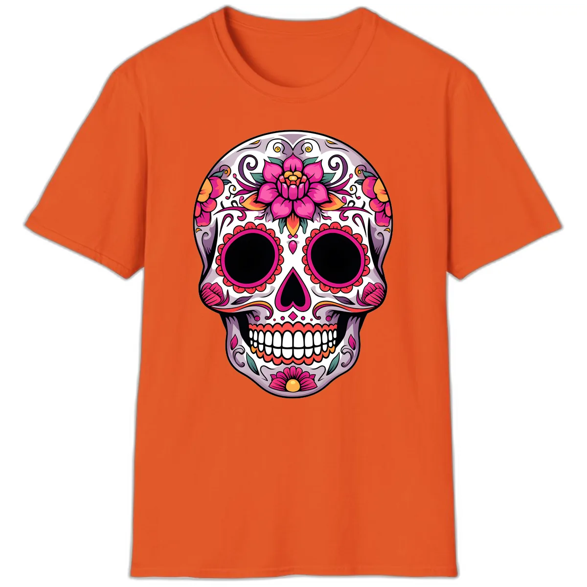 Intricate Floral Calavera Sugar Skull Design T-Shirt in Orange
