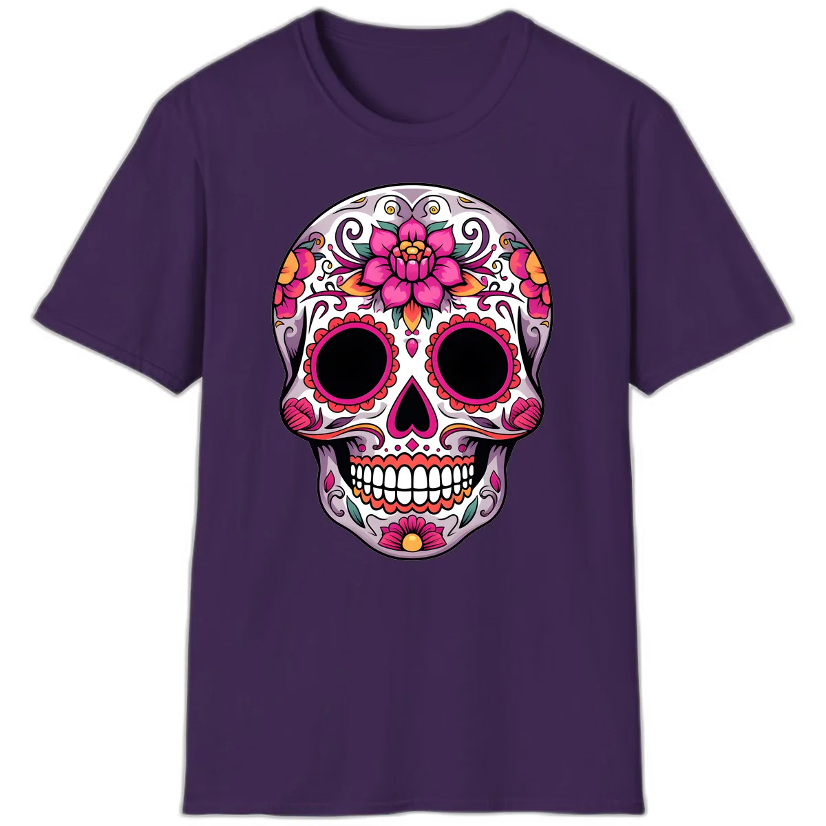 Intricate Floral Calavera Sugar Skull Design T-Shirt in Purple