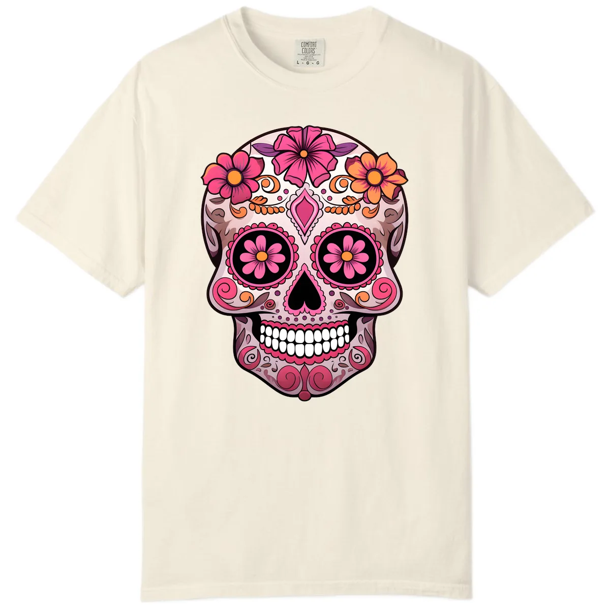 Ornate Floral Sugar Skull Calavera Art Comfort Color in Ivory