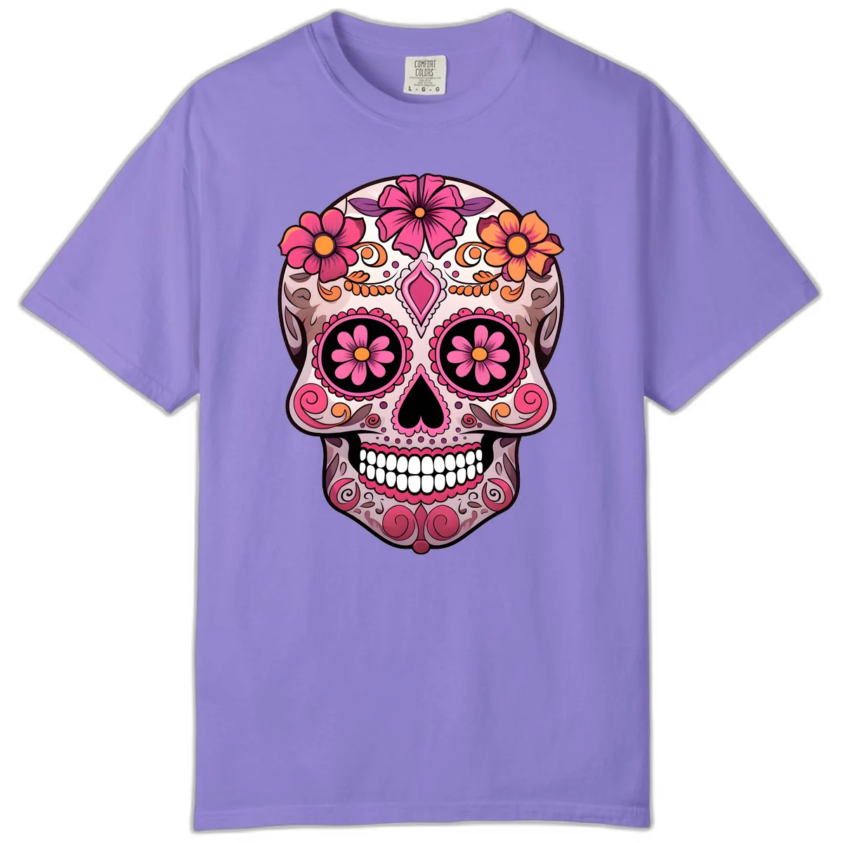 Ornate Floral Sugar Skull Calavera Art Comfort Color in Violet