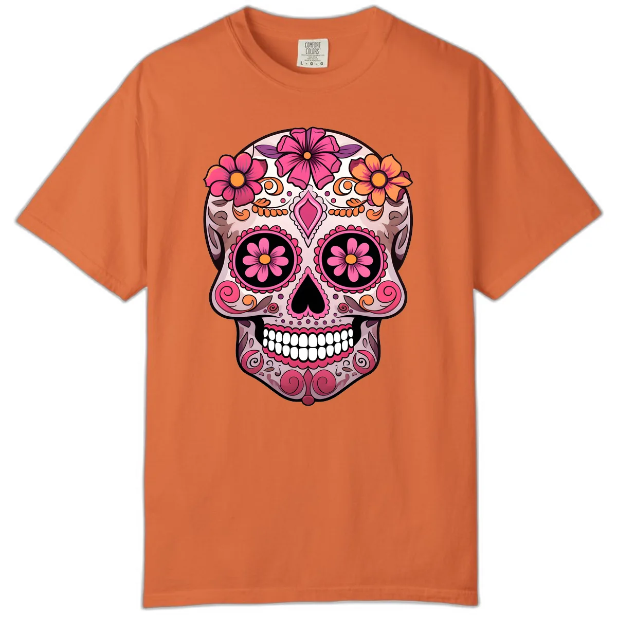 Ornate Floral Sugar Skull Calavera Art Comfort Color in Burnt Orange