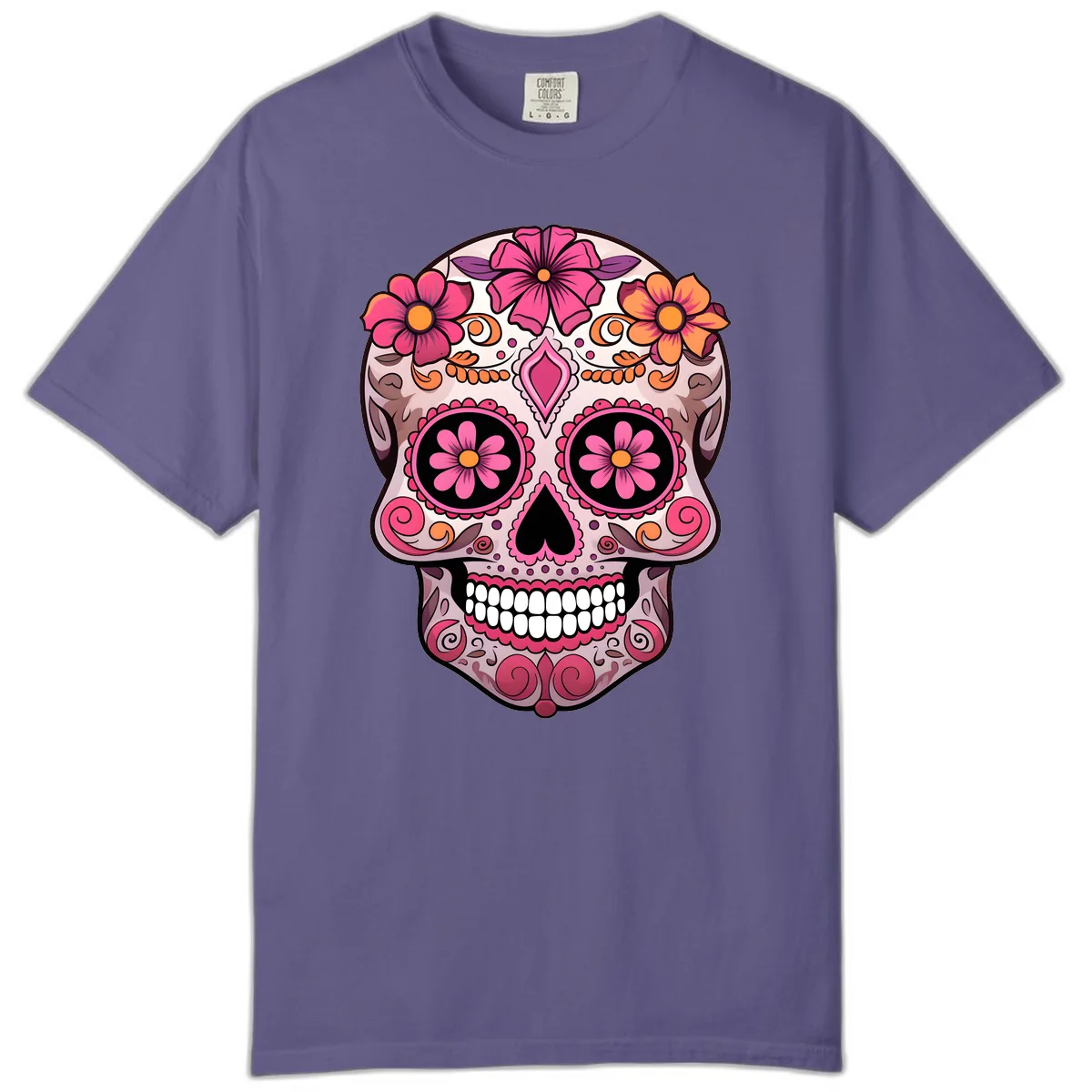Ornate Floral Sugar Skull Calavera Art Comfort Color in Grape