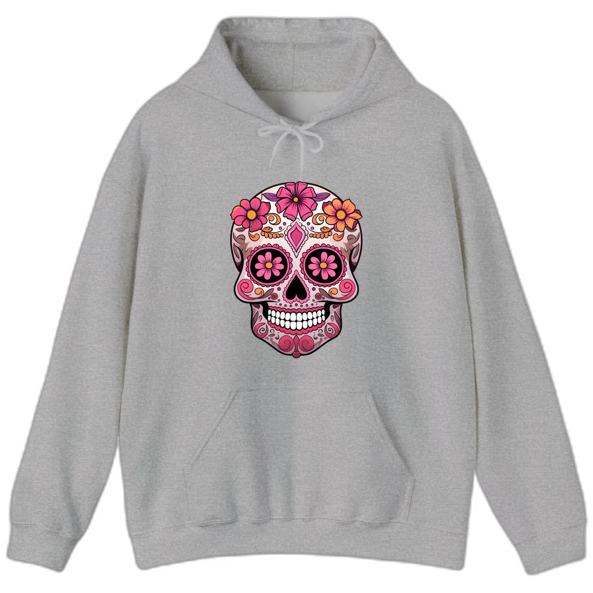 Ornate Floral Sugar Skull Calavera Art Hoodie in Sport Grey