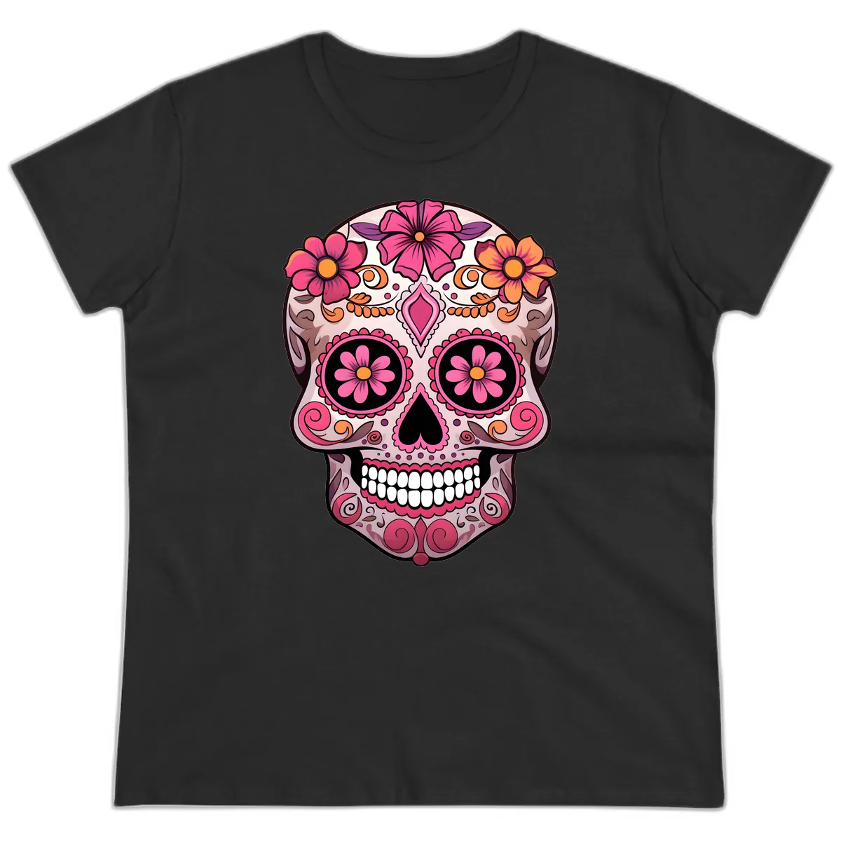 Ornate Floral Sugar Skull Calavera Art Ladies Tee in Black
