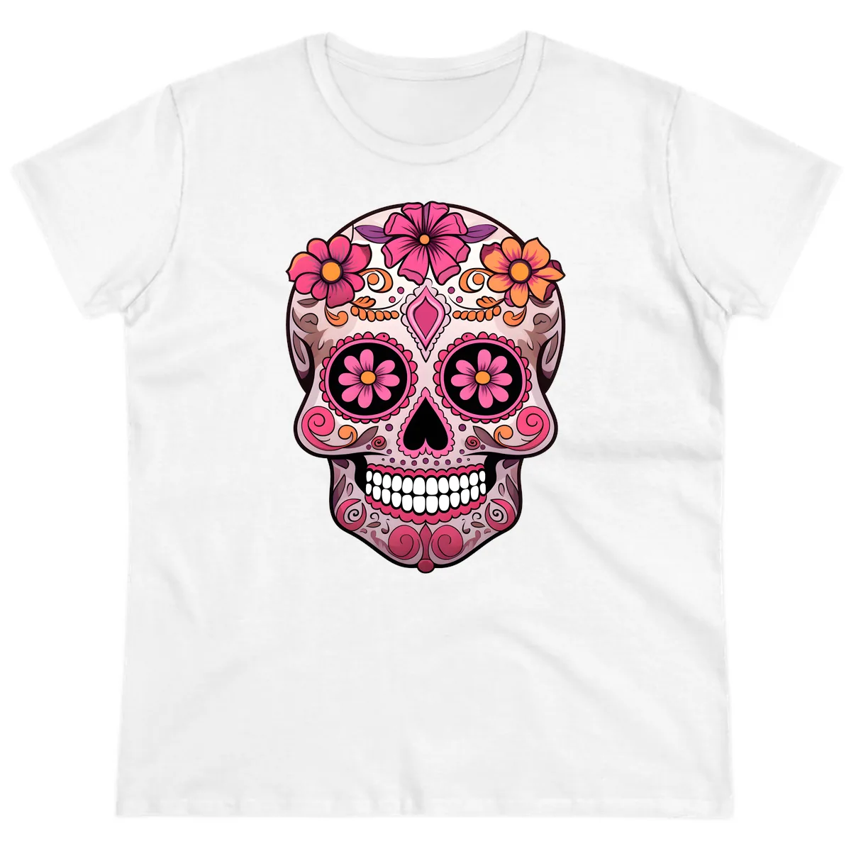 Ornate Floral Sugar Skull Calavera Art Ladies Tee in White