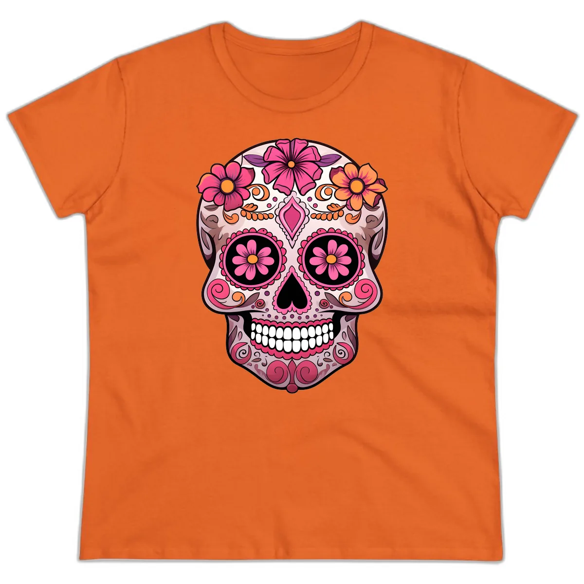 Ornate Floral Sugar Skull Calavera Art Ladies Tee in Orange
