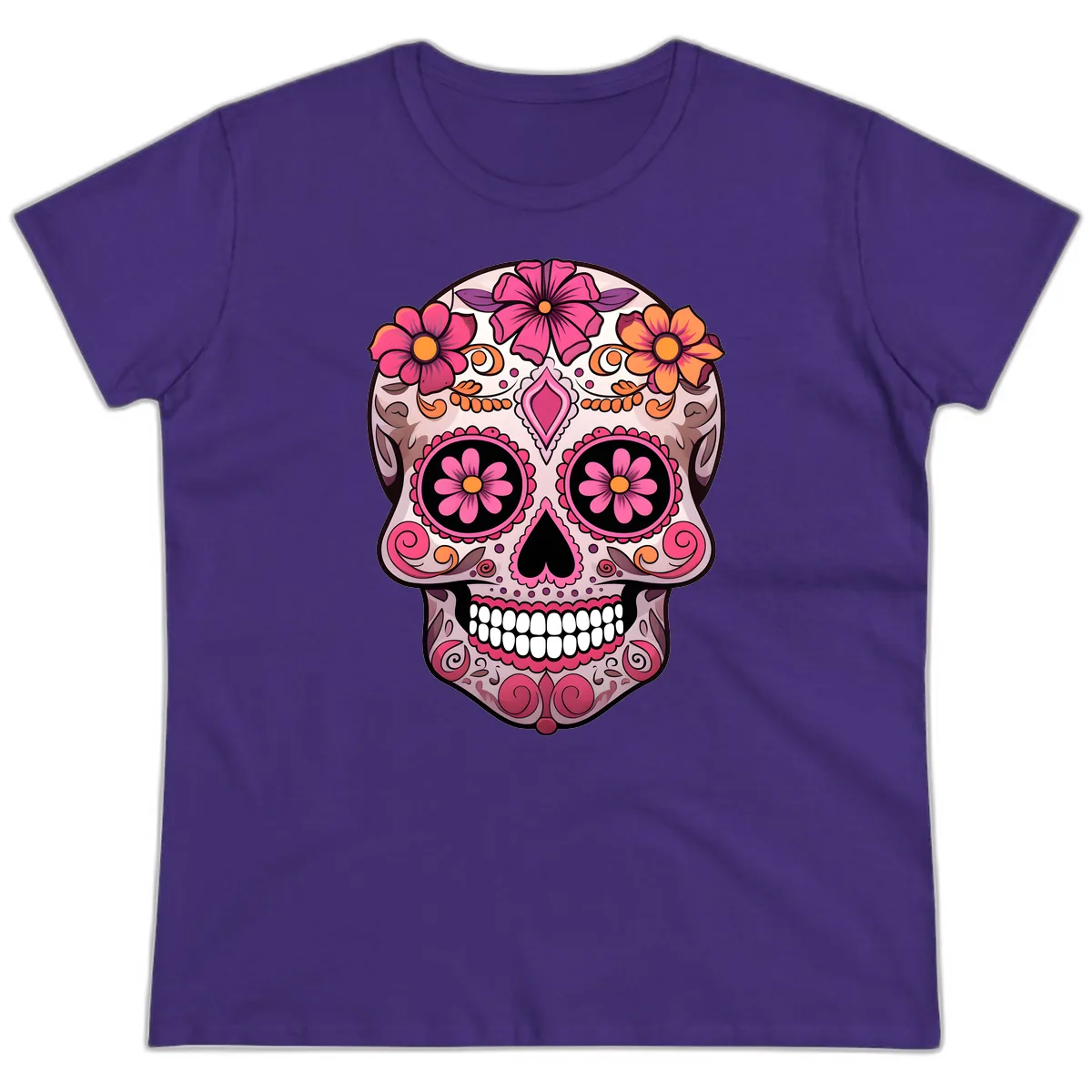 Ornate Floral Sugar Skull Calavera Art Ladies Tee in Purple