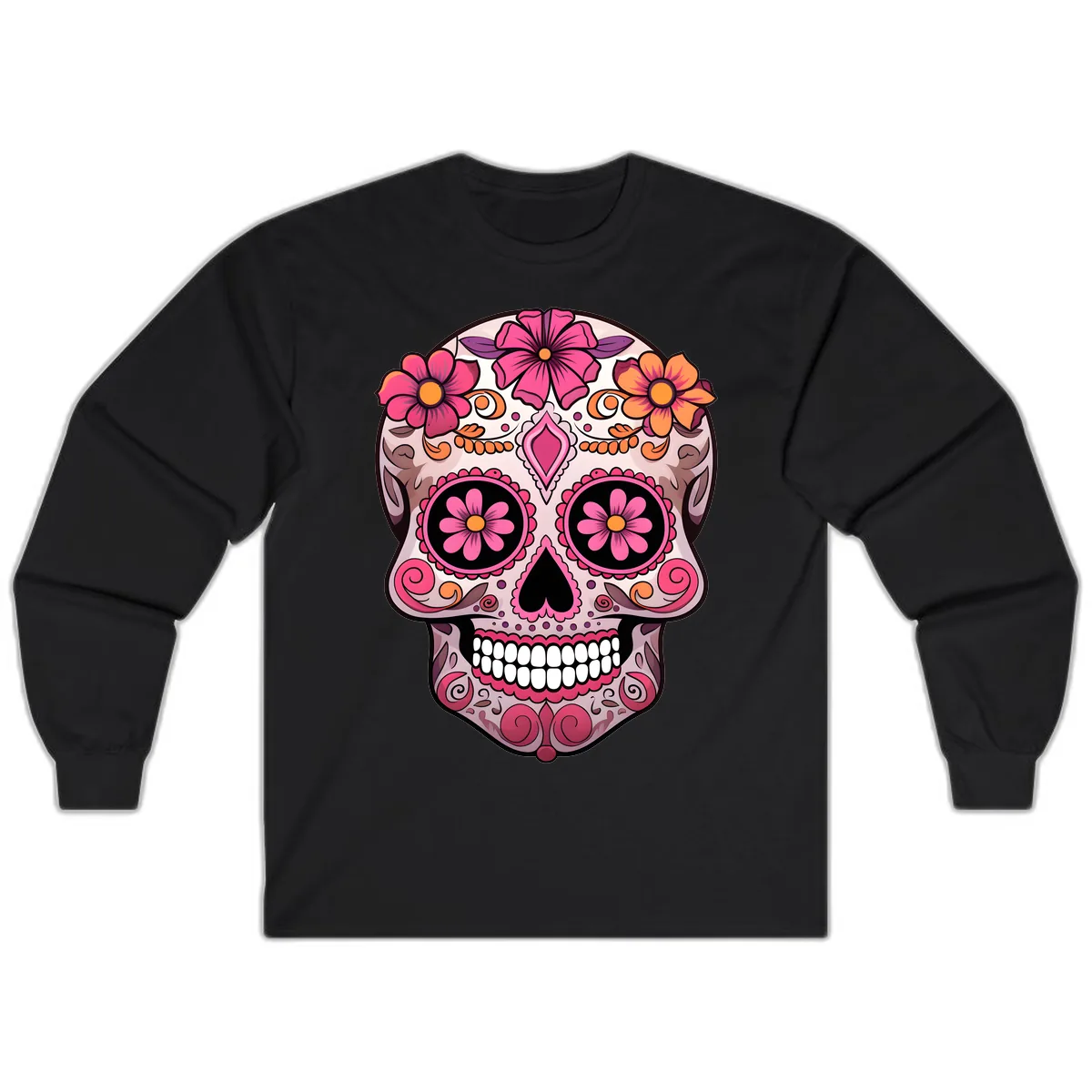 Ornate Floral Sugar Skull Calavera Art Long Sleeve in Black