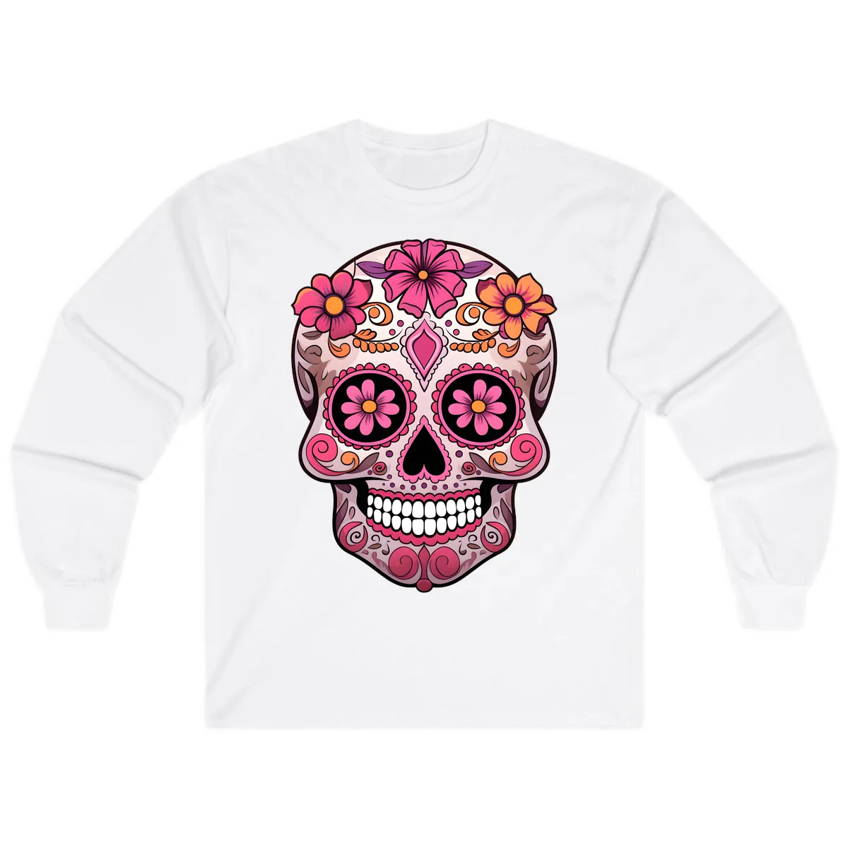 Ornate Floral Sugar Skull Calavera Art Long Sleeve in White