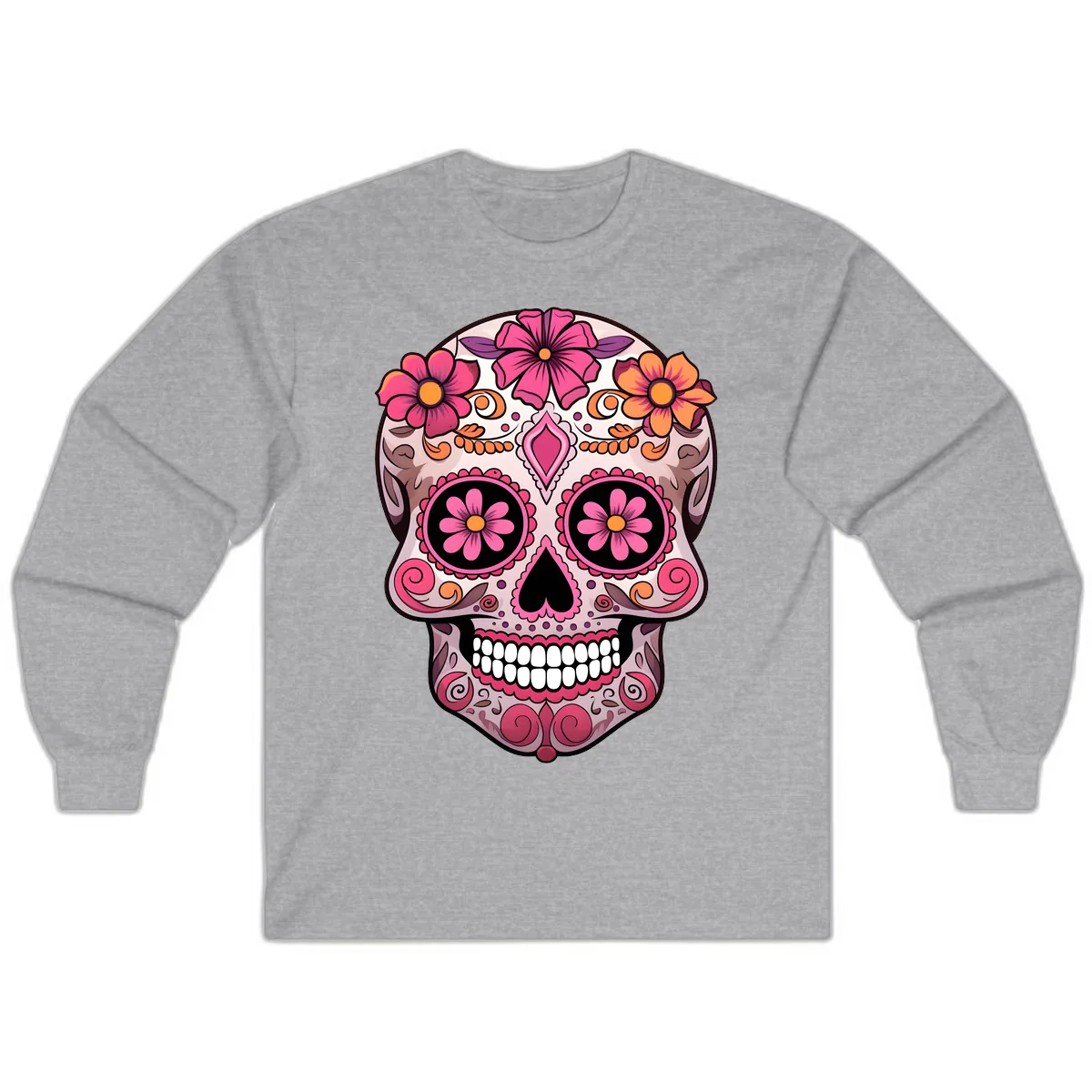 Ornate Floral Sugar Skull Calavera Art Long Sleeve in Sport Grey