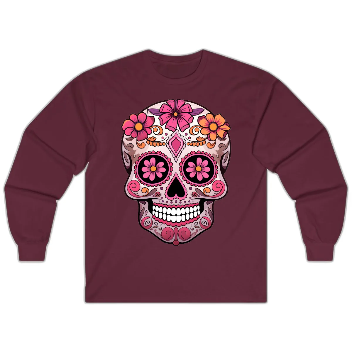 Ornate Floral Sugar Skull Calavera Art Long Sleeve in Maroon