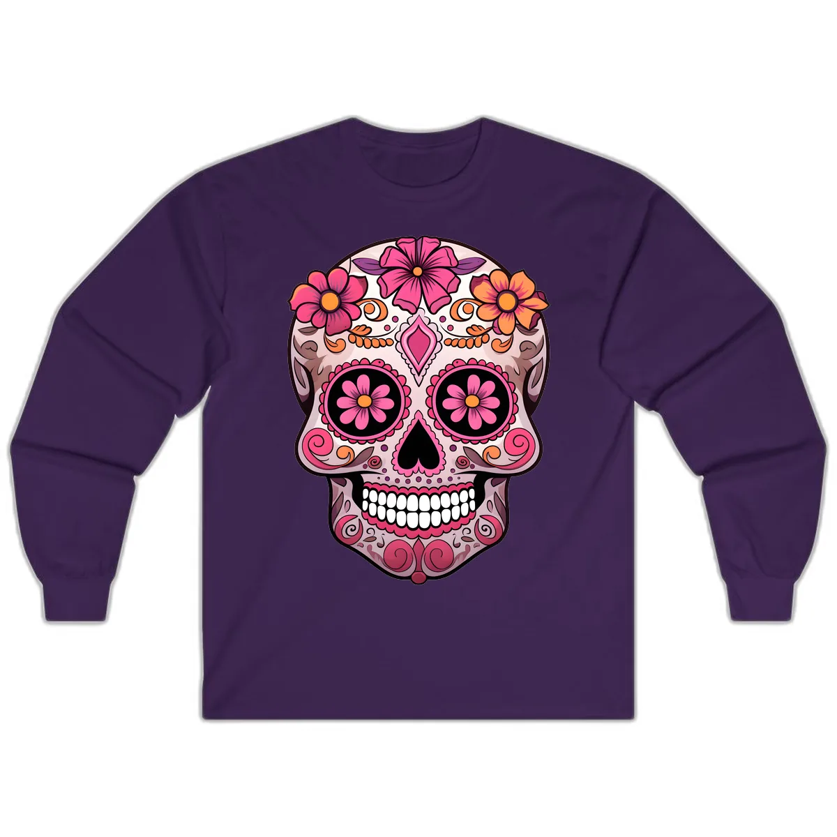 Ornate Floral Sugar Skull Calavera Art Long Sleeve in Purple