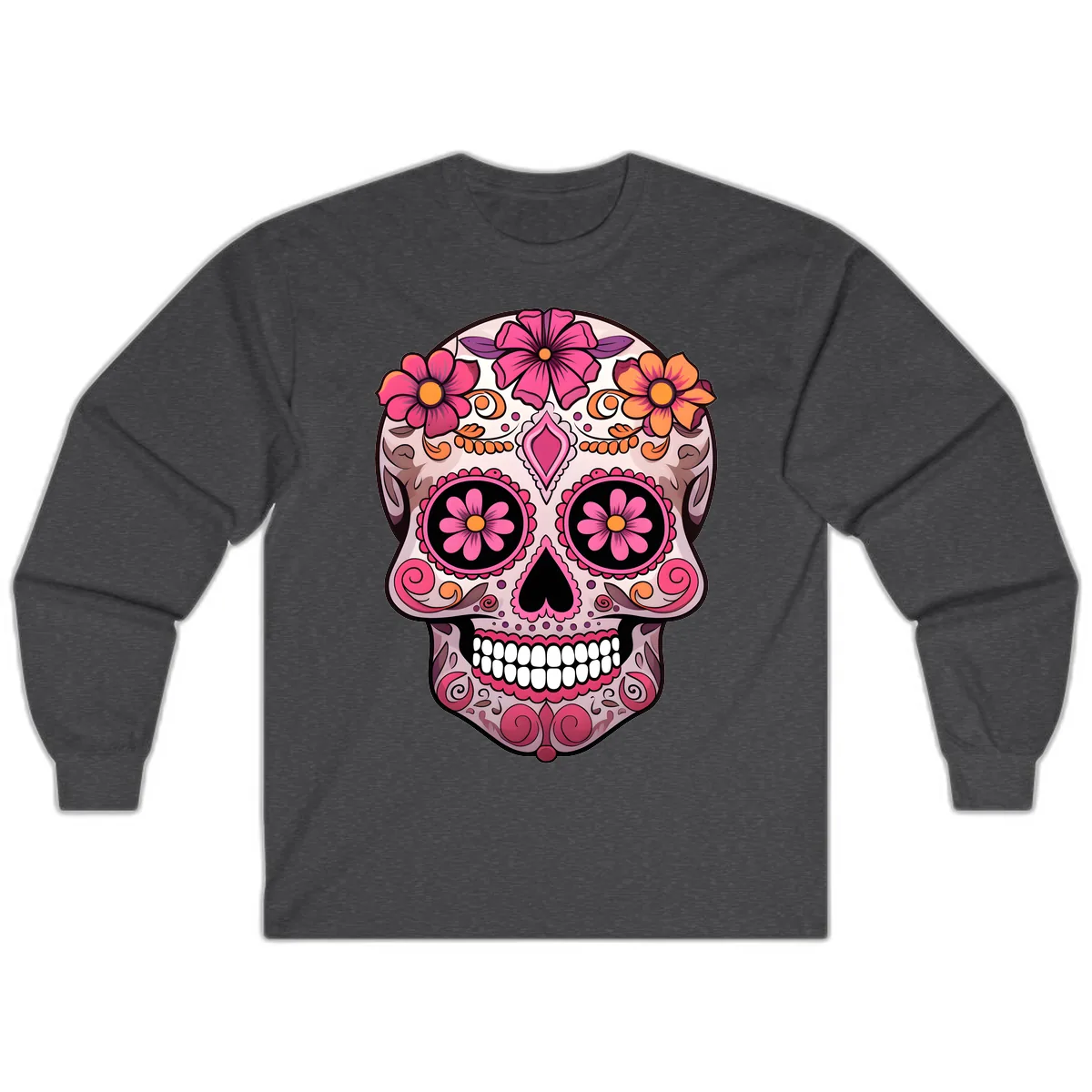 Ornate Floral Sugar Skull Calavera Art Long Sleeve in Dark Heather